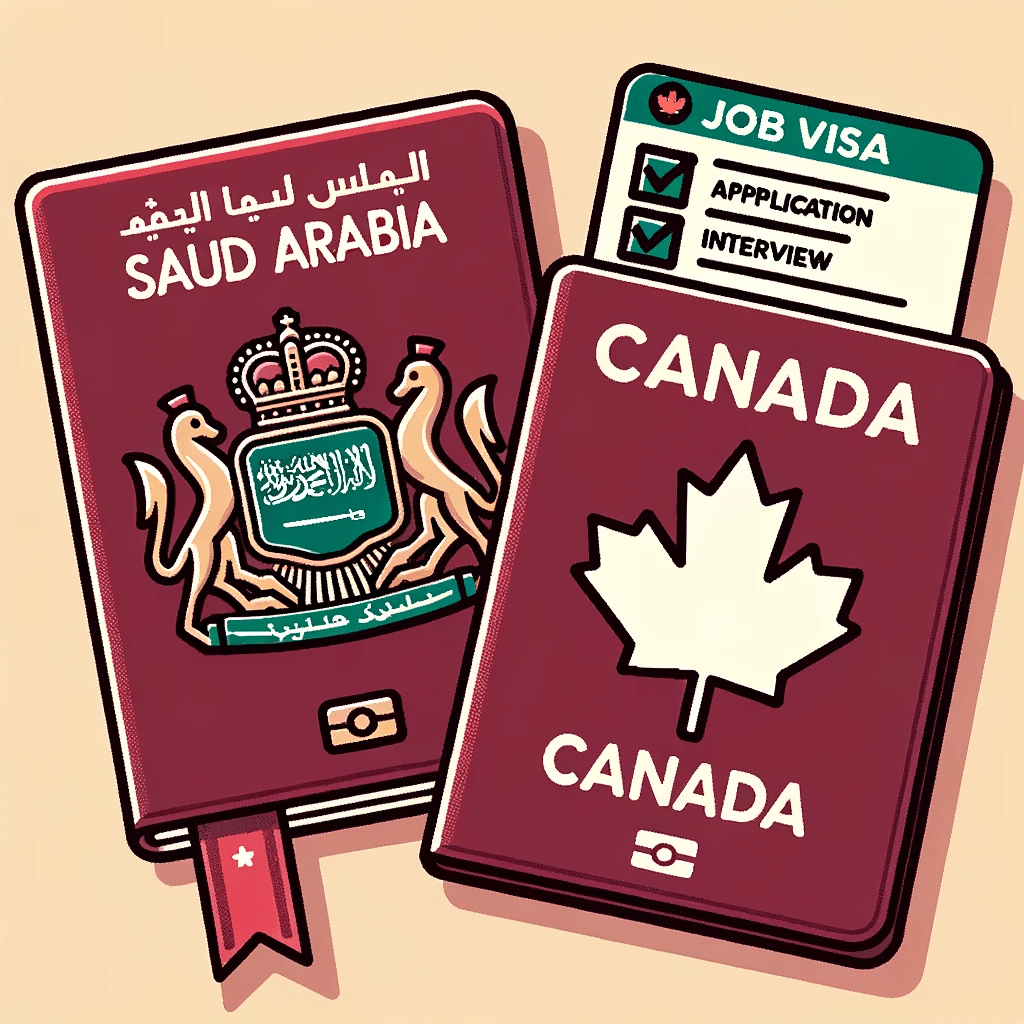 Vector design of two passports, one with the emblem of Saudi Arabia and the other with the emblem of Canada. Between the passports is a 'Job Visa' stamp and a checklist with items like 'Application', 'Interview', and 'Approval'.