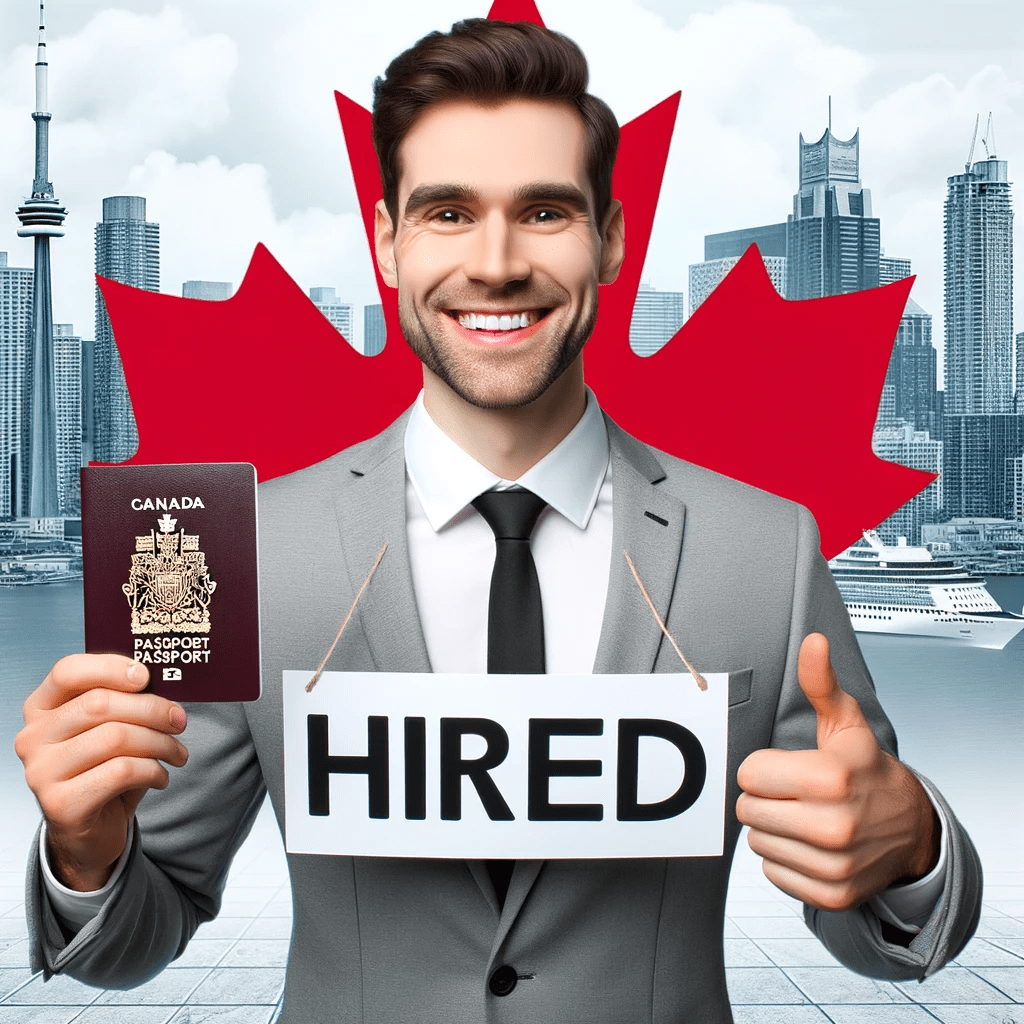 Photo of a smiling man holding a Canadian passport in one hand and a 'Hired' sign in the other. Behind him is a Canadian cityscape, and the words 'Visa Sponsorship Guide' are written in bold letters above his head