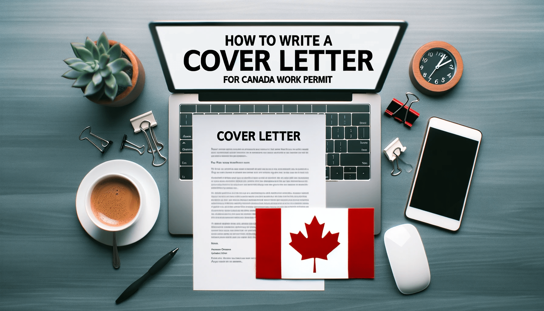 Image of a cozy desktop setup featuring a laptop with word processing software open, accompanied by a Canadian flag and a comforting cup of coffee. Bold white overlay text headlines 'How to Write a Cover Letter', with a subtitle in a smaller font reading 'For Canada Work Permit
