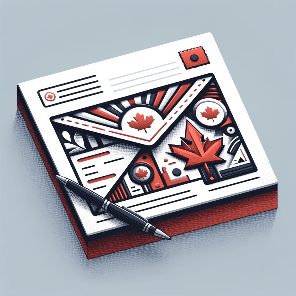 Thumbnail showcasing tips for writing a Canada work permit cover letter, featuring a stylized envelope, pen, and Canadian symbols.