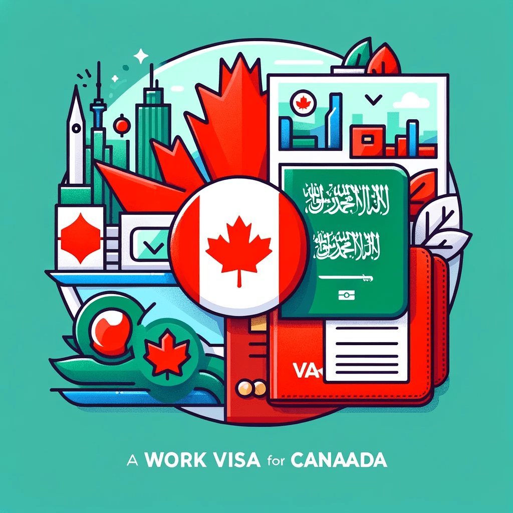 Informative thumbnail featuring symbols of Canada and Saudi Arabia with a work visa representation