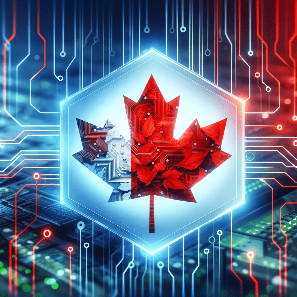 Digital Canadian maple leaf intertwined with circuit lines, symbolizing cybersecurity opportunities in Canada