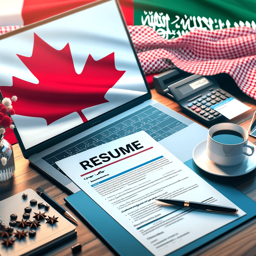 Thumbnail image showing a desk with a laptop on a resume website, notes on Canadian job market, coffee cup, and a blend of Saudi Arabian and Canadian flags