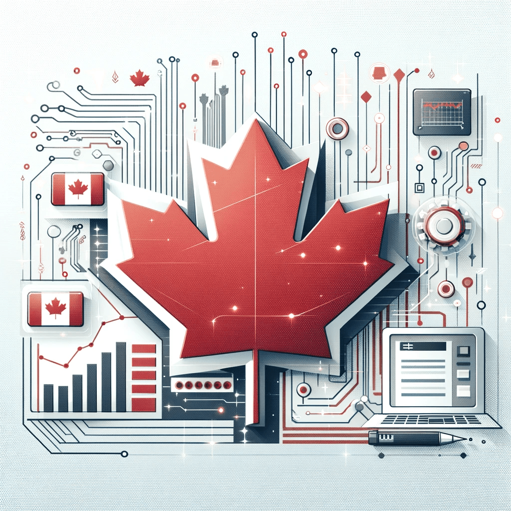 Elegant blend of Canadian and technology symbols representing work permits for IT Business Analysts