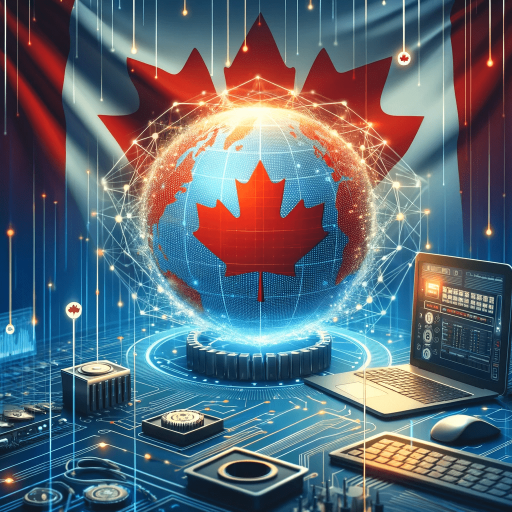 Canadian Flag and IT Networking Icons on a Digital Globe for Canada Work Permit Articl